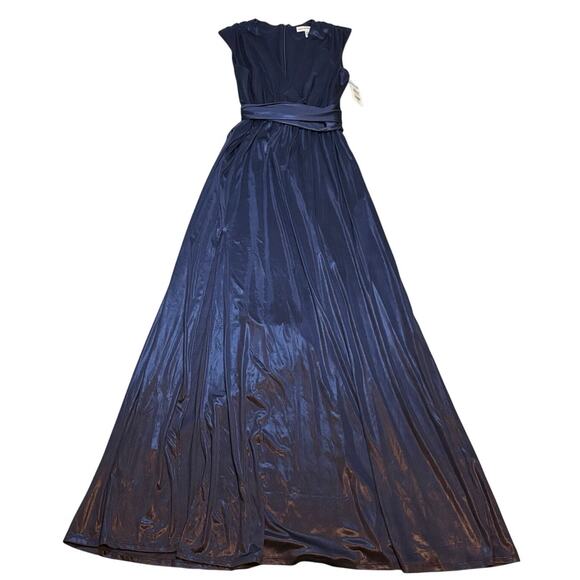 Dress the Population Krista Navy Satin Plunge Maxi Gown Side Slit Small - Picture 3 of 7